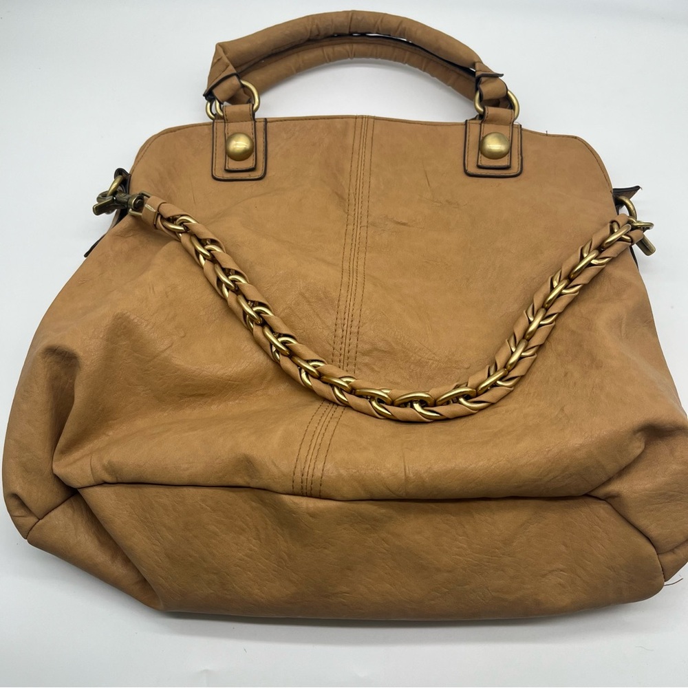 Bueno Women's Tan Brown Purse Handbag Faux Leather Double Handles Gold Chain